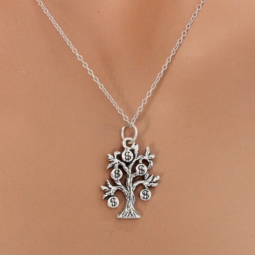 Sterling Silver Oxidized Money Tree Charm Necklace
